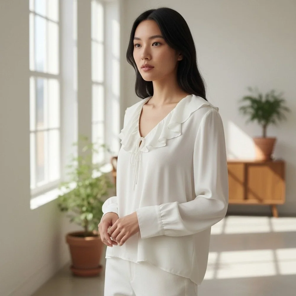 J.Crew Ivory Ruffle Collar Blouse Feminine Regency Coquette Long Sleeve White XL